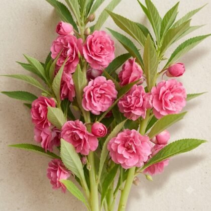 Vertical stems with vibrant pink ruffled flowers and pointed green leaves against a light background.