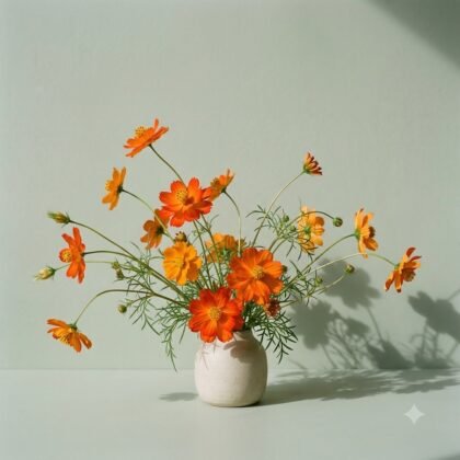 A small white ceramic vase filled with vibrant orange cosmos flowers against a neutral green wall.