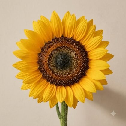 Close-up of a bright yellow sunflower against a neutral background.