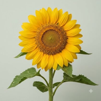 Single bright yellow sunflower on a green stem with leaves against a plain background.