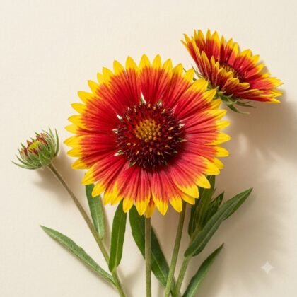 Two vibrant red and yellow blanket flowers with green stems against a neutral background.