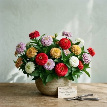 A rustic ceramic bowl filled with colorful Zinnia Thumbelina Mixed flowers sits on a wooden table with a label and pruning