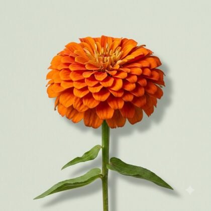 A single bright orange zinnia flower on a green stem against a light background.