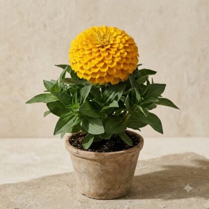Potted yellow zinnia with dense, spherical petals and green leaves in a clay pot.