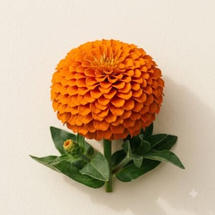 Single vibrant orange zinnia flower with green leaves and stem against a neutral background.