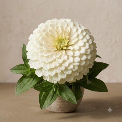 A potted white zinnia flower with layered petals and green leaves against a neutral background.