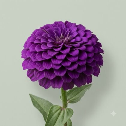A vibrant purple zinnia flower with densely layered petals on a green stem against a light background.