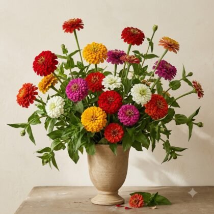 A large bouquet of colorful zinnia flowers in a ceramic vase on a table.