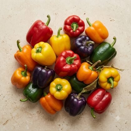 An arrangement of colorful bell peppers in red, yellow, orange, green, and purple on a stone surface.