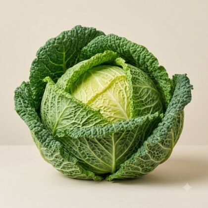 A whole green savoy cabbage on a neutral background.