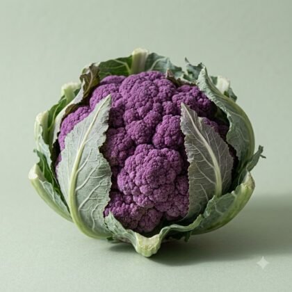 A whole head of purple cauliflower with green outer leaves against a solid light green background.
