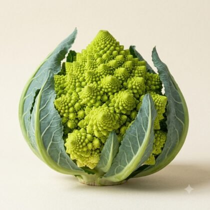 A single Romanesco broccoli head with intricate fractal patterns and surrounding outer leaves on a light background.