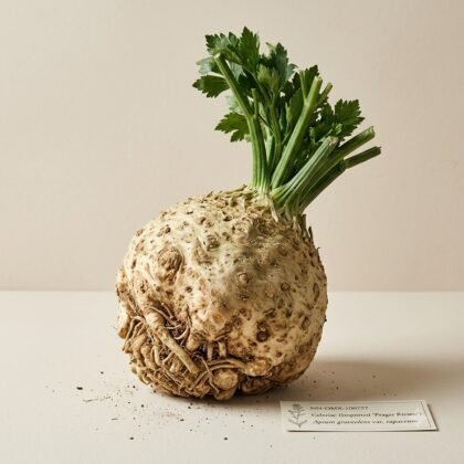 A whole celeriac bulb with green leafy stalks and visible roots on a plain surface next to a label.