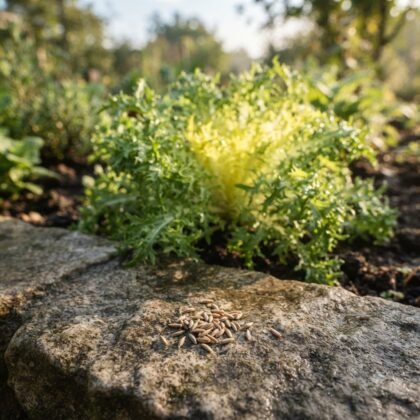 Endive Riccia Cuore Di Oro seeds resting on a stone with a mature endive plant in a garden.