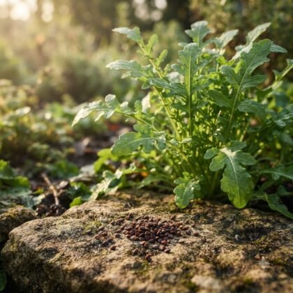 Small pile of rocket salad leaves seeds resting on a rock with a growing rocket plant in the background.