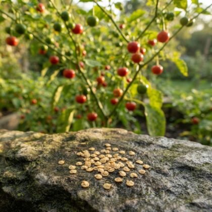 A pile of round hot pepper seeds rests on a stone in front of a pepper plant with small red and green fruits.