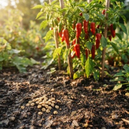Pepper pimenton seeds on dark soil in front of a pepper plant bearing ripening red pods.