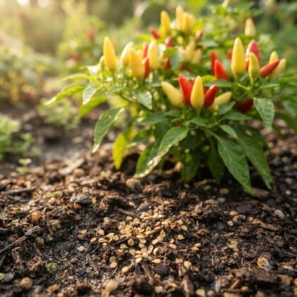 Santa Fe Grande pepper seeds scattered on soil in front of a growing pepper plant.