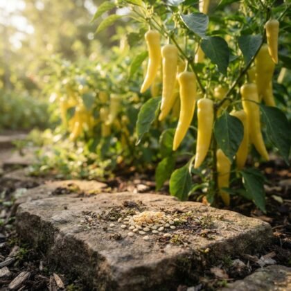 A pile of light-colored seeds rests on a garden stone in front of banana pepper plants.