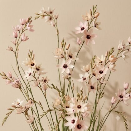 Delicate pale pink flowers with dark centers on slender green stems against a neutral background.
