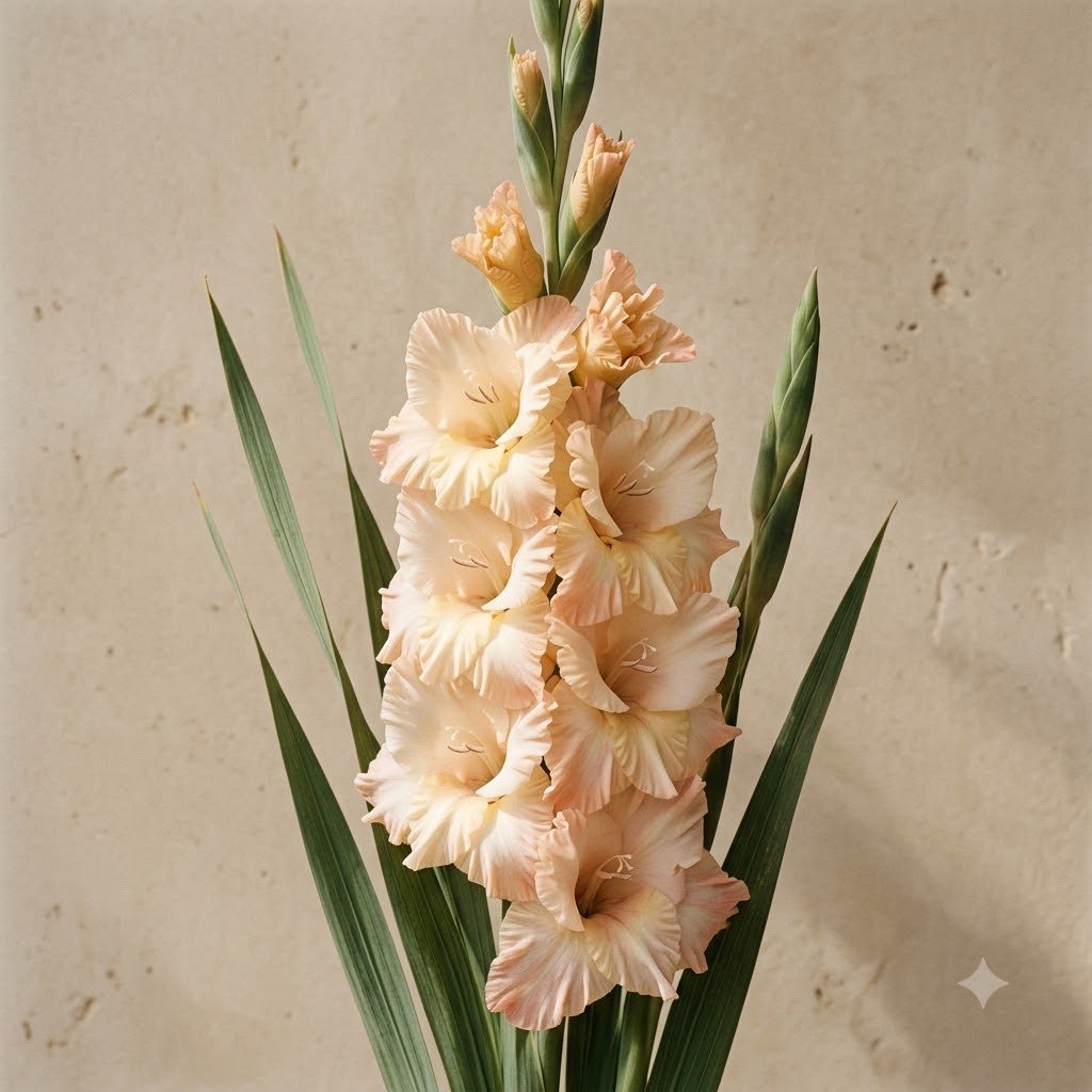 A tall stem of pale peach gladiolus flowers with green leaves against a textured beige wall.