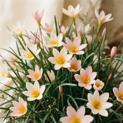 A lush potted plant with delicate pale pink and white star-shaped flowers and slender green leaves.
