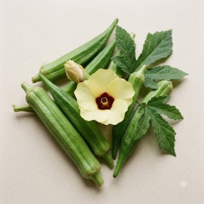 Fresh green okra pods, leaves, and a pale yellow flower with a dark center on a light background.