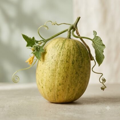 Fresh melon with vines, leaves, curly tendrils, and a small yellow flower on a light surface.