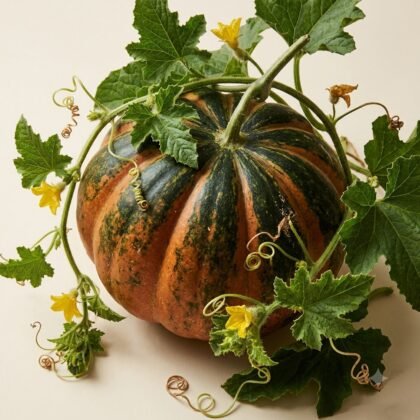 A round, ribbed squash with green and orange stripes, surrounded by green leaves, tendrils, and small yellow flowers.