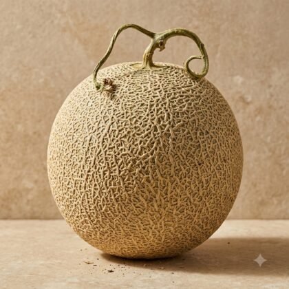 A whole cantaloupe with a netted rind and a curved stem on a textured surface.