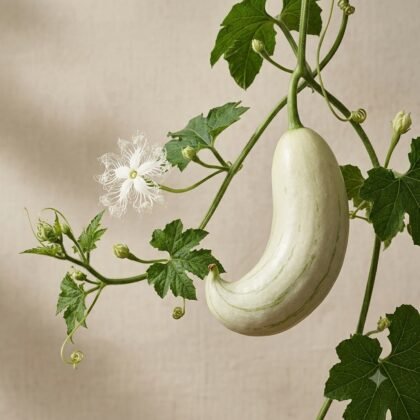 A light green, curved gourd hanging from a leafy vine alongside a delicate white flower.