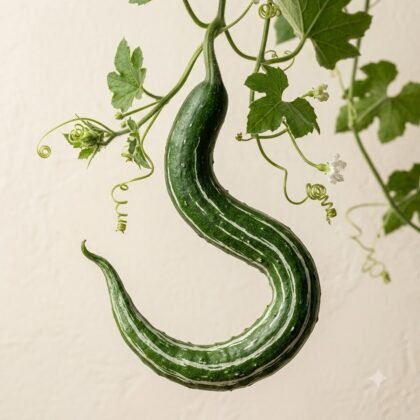 A curved, dark green ridged gourd hanging from a vine with leaves and white flowers.