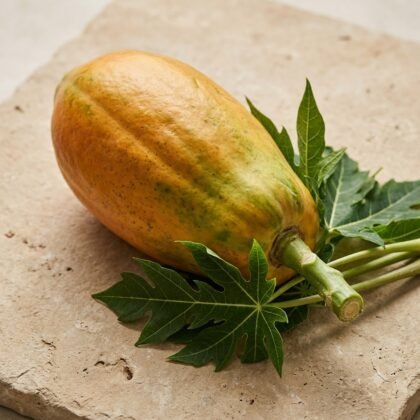 A ripe papaya with green leaves resting on a textured stone surface.