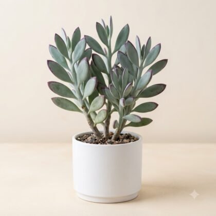 Potted succulent with pale green leaves and purple edges in a white ceramic planter.
