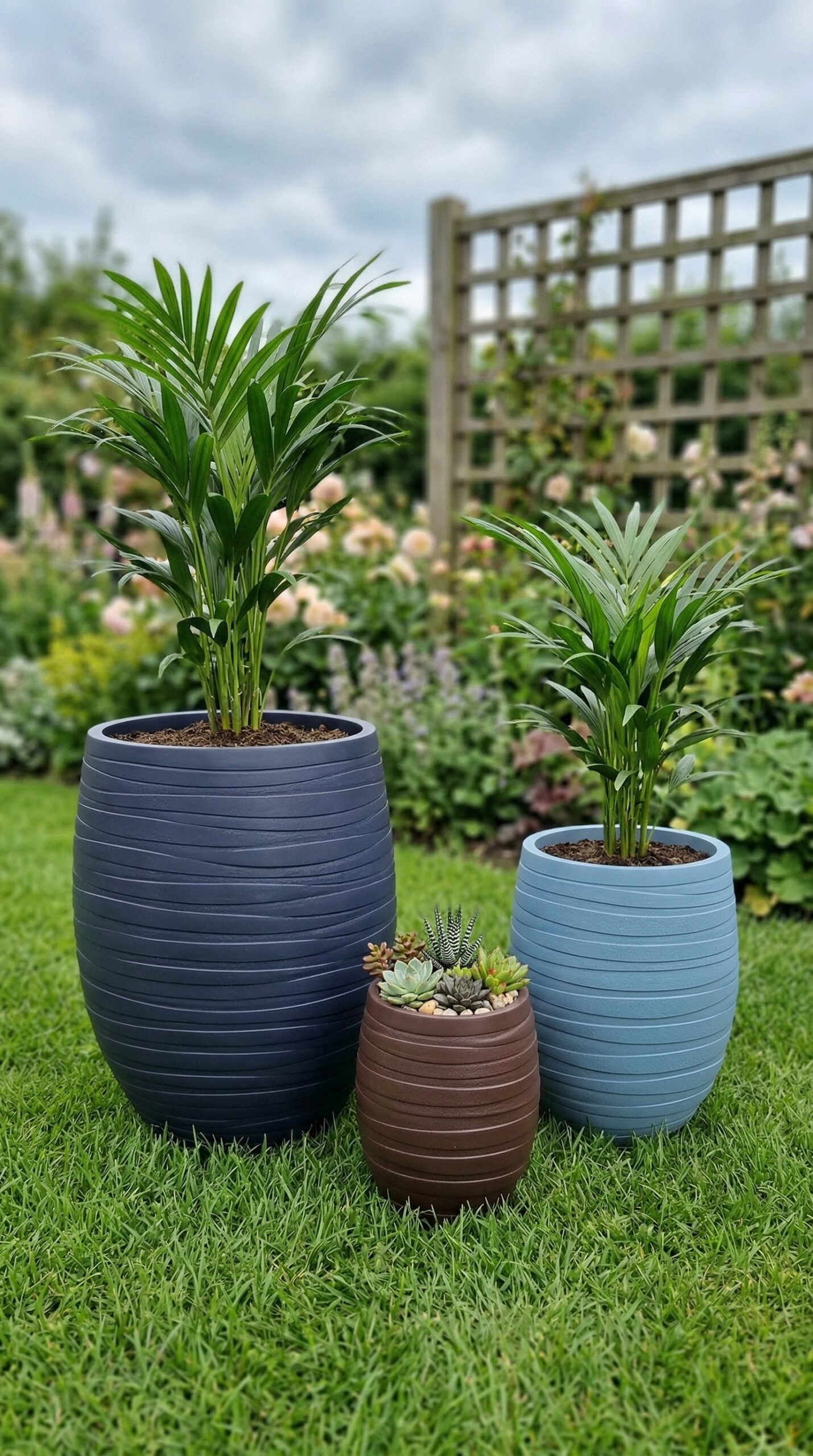 Three ridged planters of different sizes and colors holding plants on a lawn.