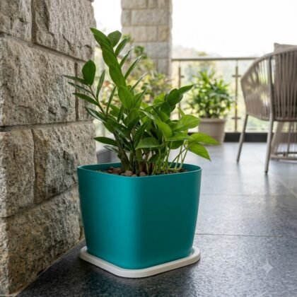 Teal square D Type Planter holding an indoor plant on a balcony floor.