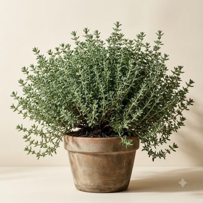 Lush potted thyme plant in a rustic terracotta pot against a neutral background.